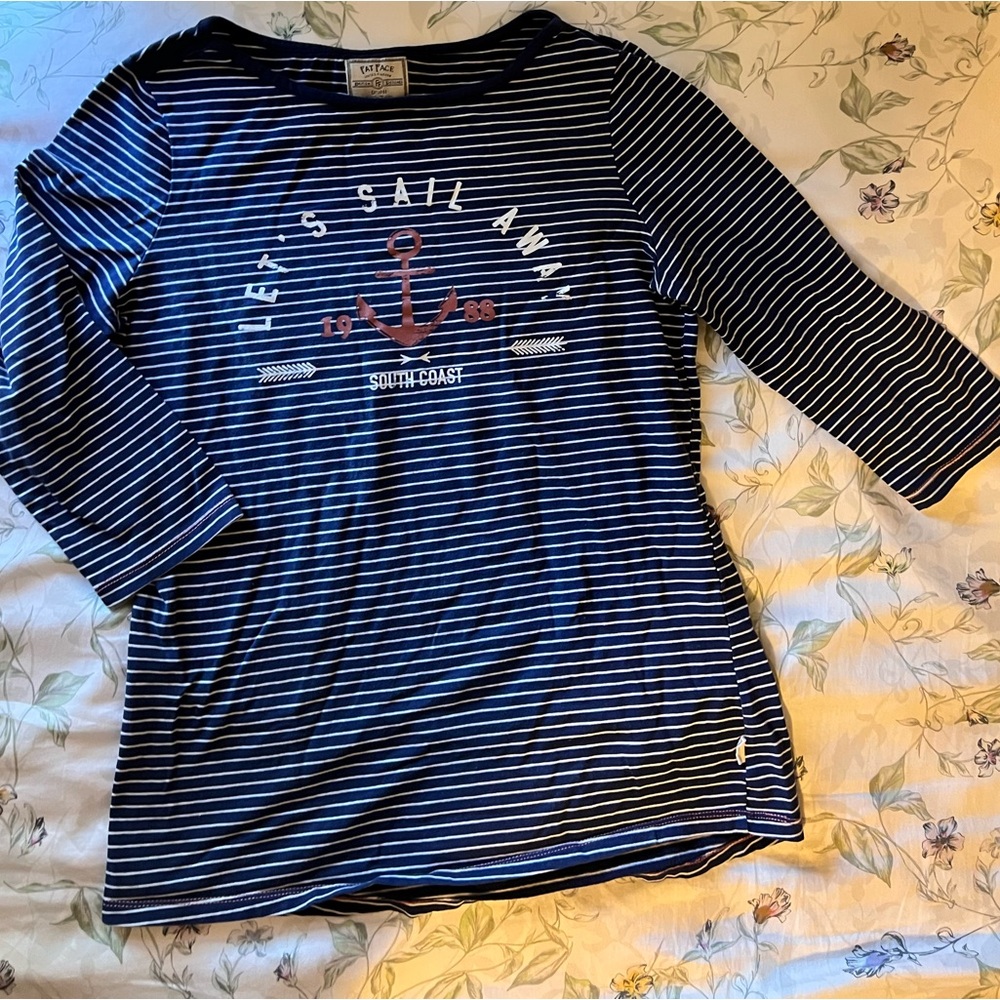 Fat Face 3/4 sleeve T shirt Navy blue & white stripes, size 4 - small